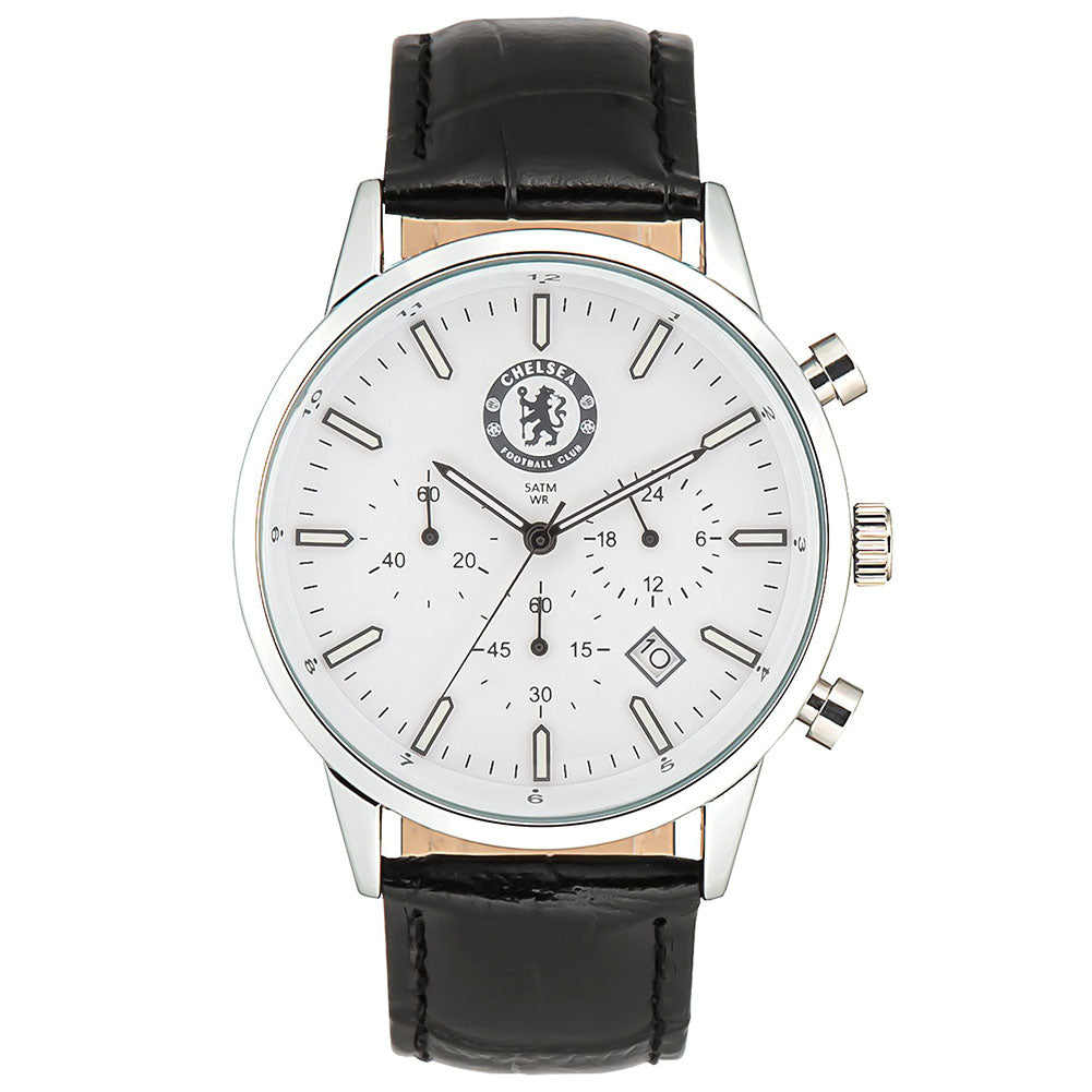 Classic mens white watch with a silver casing and a genuine leather black strap