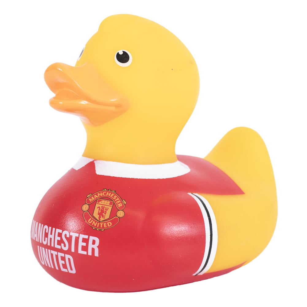 Classic yellow bath time rubber duck , Features Manchester United's famous red home kit colours with a full colour club crest 