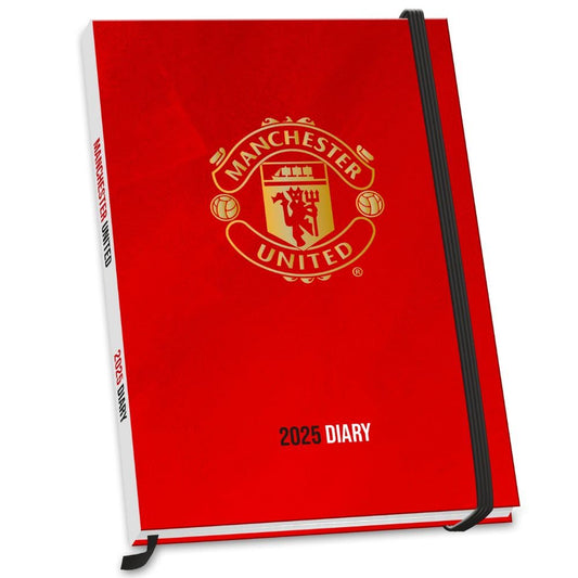 Red hardback 2025 week to view diary, Featuring a gold Manchester United crest