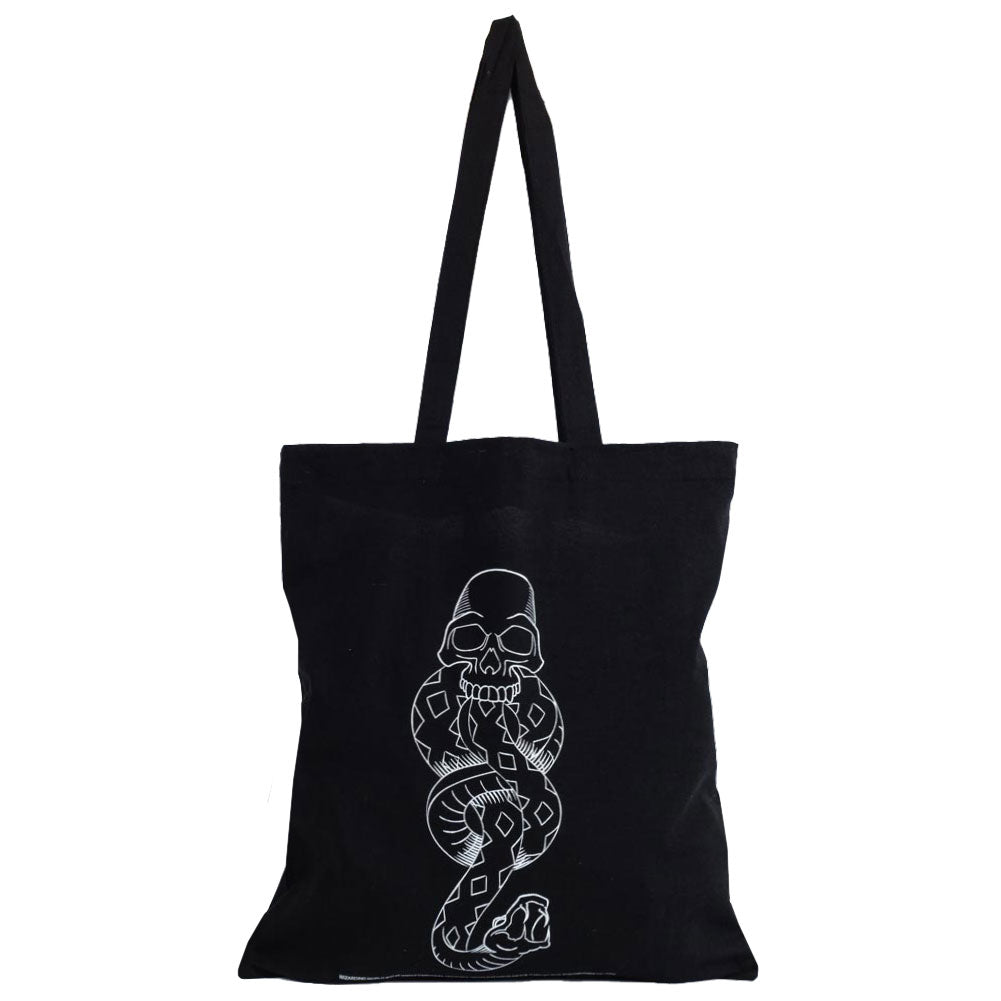 Black canvas tote bag featuring the Dark Mark crest in white to one side