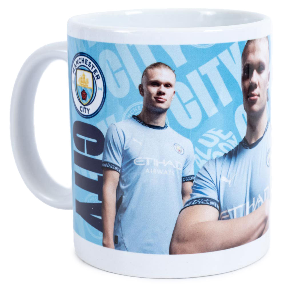 Ceramic everyday coffee mug, Blue and white mug featuring images of Erling Haaland with a City crest and text