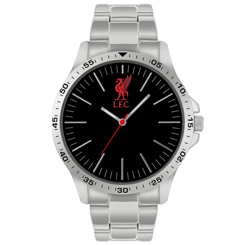 Mens analogue watch with a black face and silver indicators