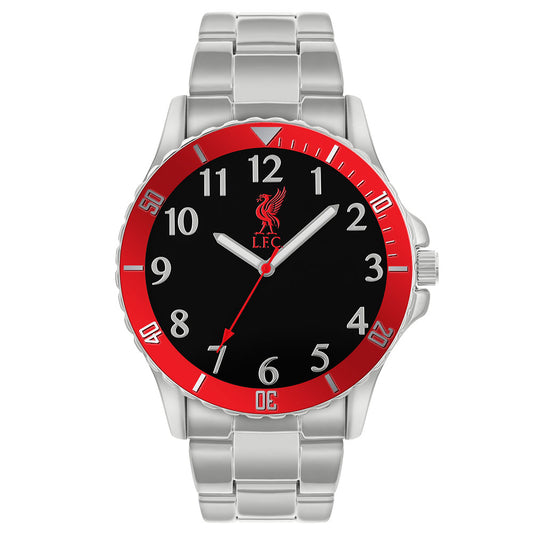 Mens analogue watch with a black face and silver digit indicators