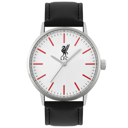 Classic mens white watch with a silver casing and a faux leather black strap