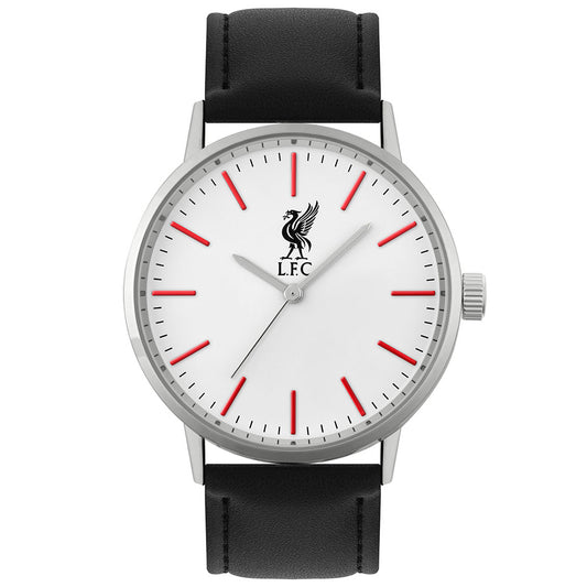 Classic mens white watch with a silver casing and a faux leather black strap