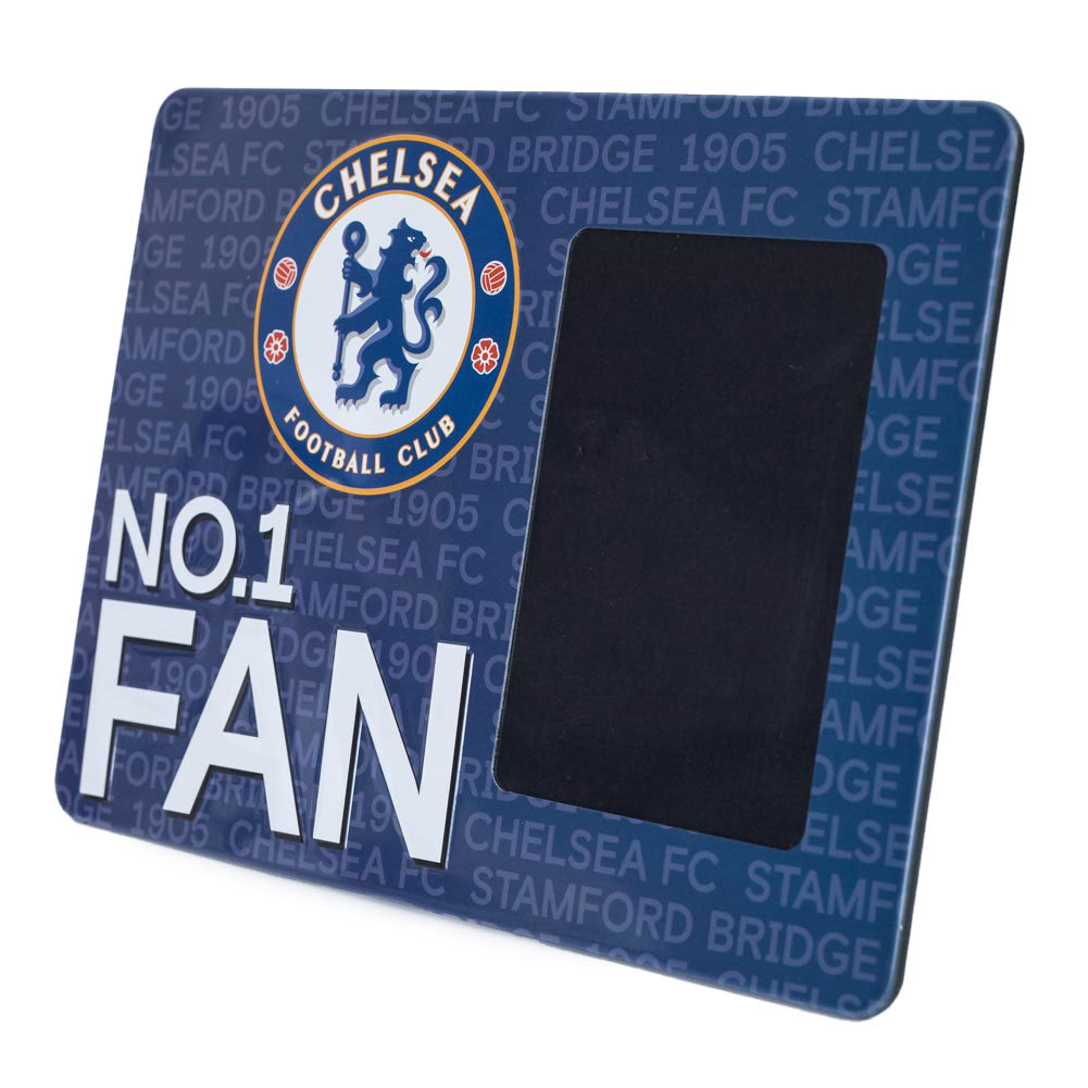 Sturdy metal photo frame sign featuring the Chelsea FC full colour crest and No.1 FAN in bold text on the bottom left