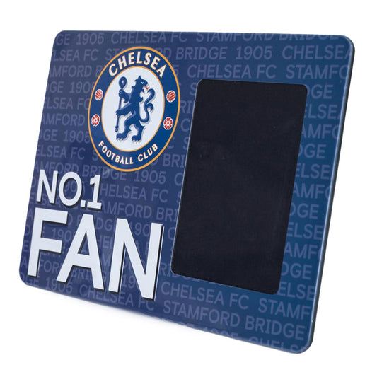 Sturdy metal photo frame sign featuring the Chelsea FC full colour crest and No.1 FAN in bold text on the bottom left