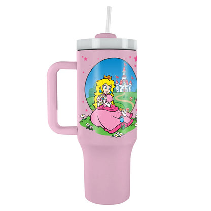 Pretty pink Princess Peach themed 40oz thermal mug, perfect for fans of the classic Nintendo franchise