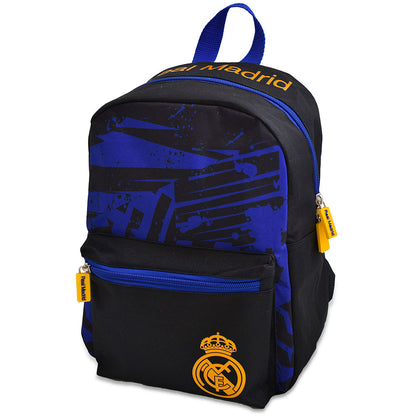 Black fragment design junior backpack featuring a gold Real Madrid crest