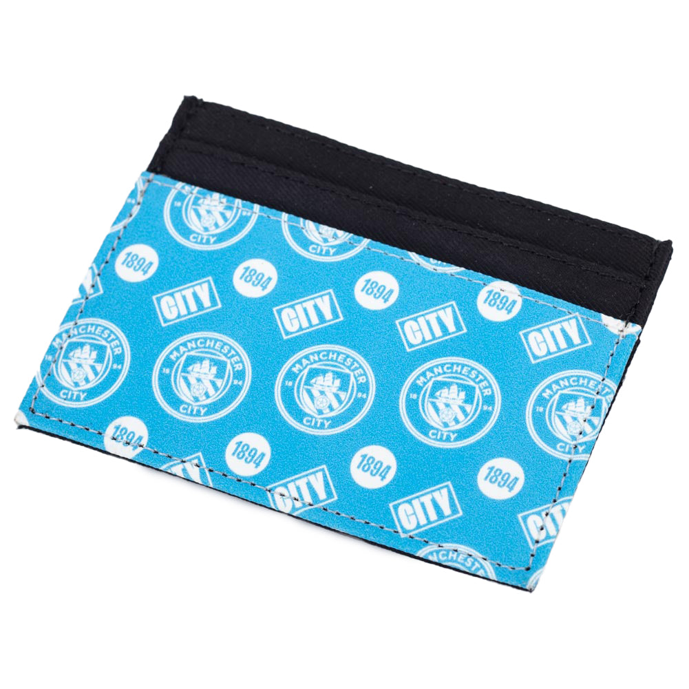 Vibrant brushed canvas card holder featuring an Man City multi icon design