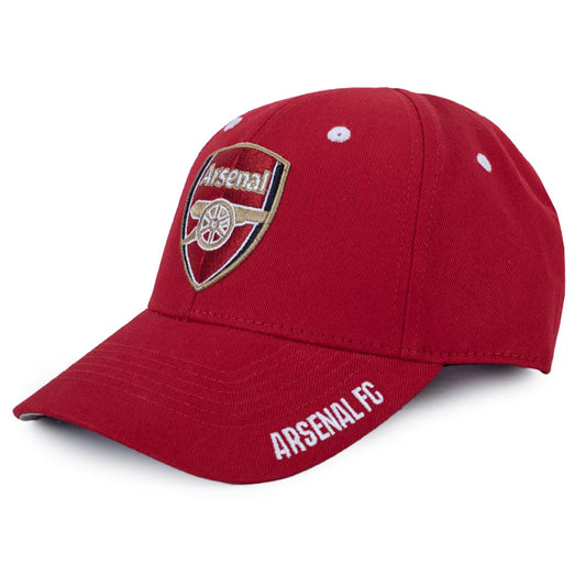 Red curved brim cap with contrasting white eyelets and stitch detail