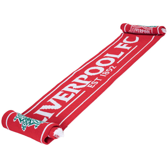 Red and white jacquard knit scarf with establish date and white fringe
