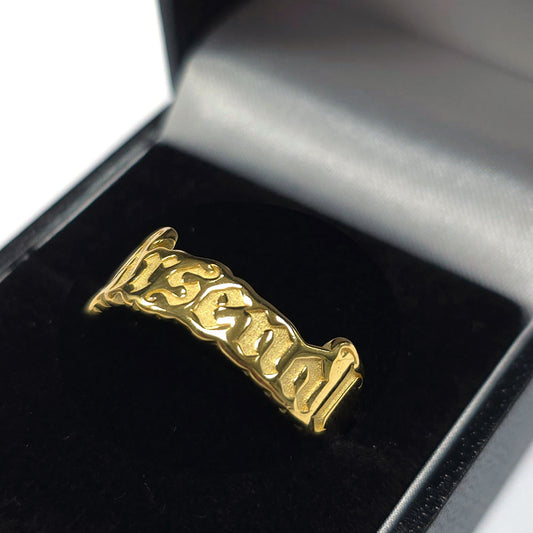 18ct gold plated on silver gothic text design ring