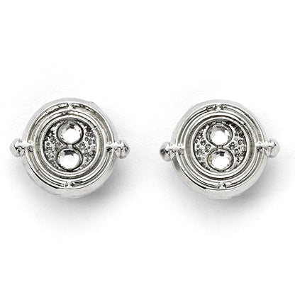Silver tone stud earrings with highly detailed design