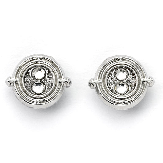 Silver tone stud earrings with highly detailed design