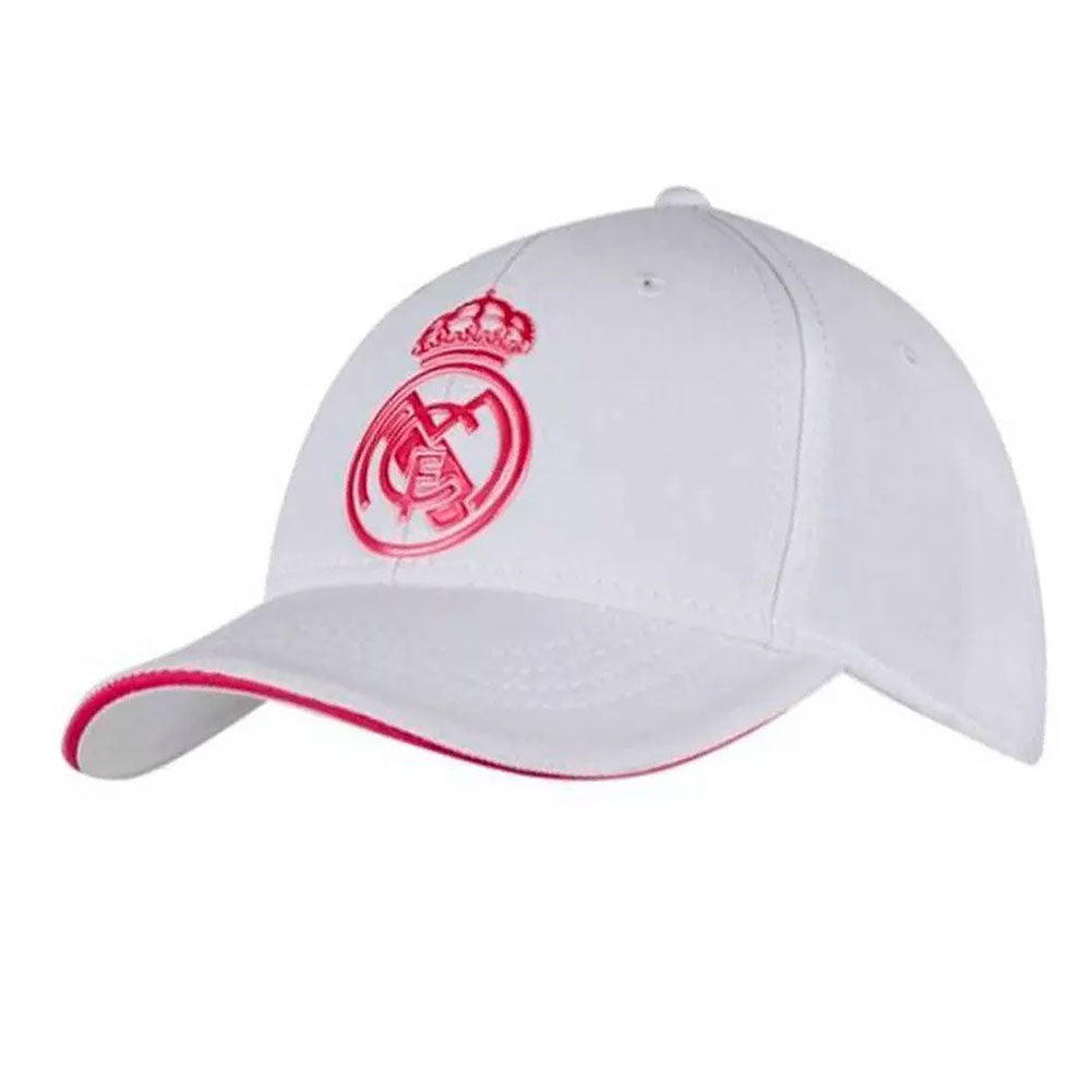 White classic design curved brim cap with a pink raised rubber Real Madrid FC crest