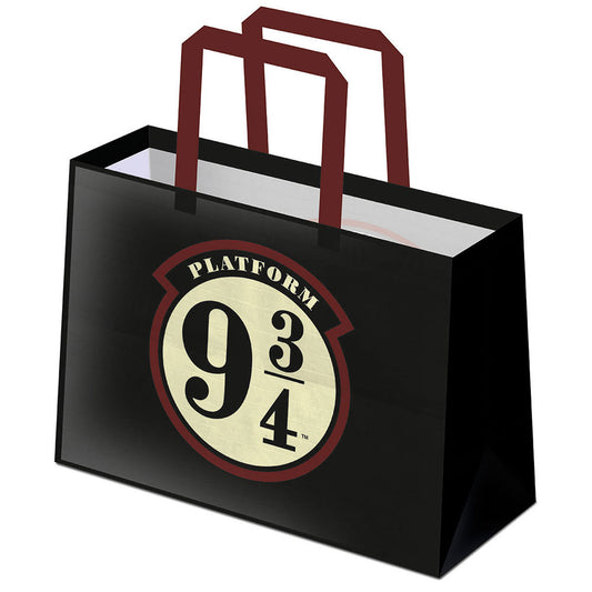 Black reusable shopping bag featuring the 9 &amp; 3 Quarters logo on both sides
