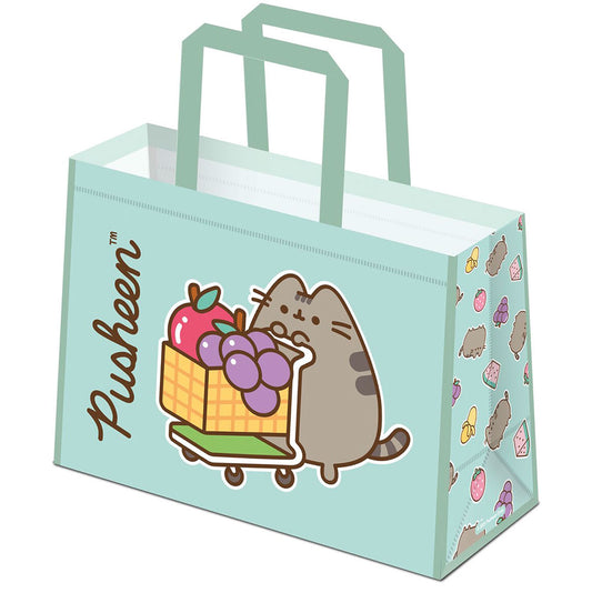 Mint green reusable shopping bag featuring Pusheen pushing a shopping trolley on both sides