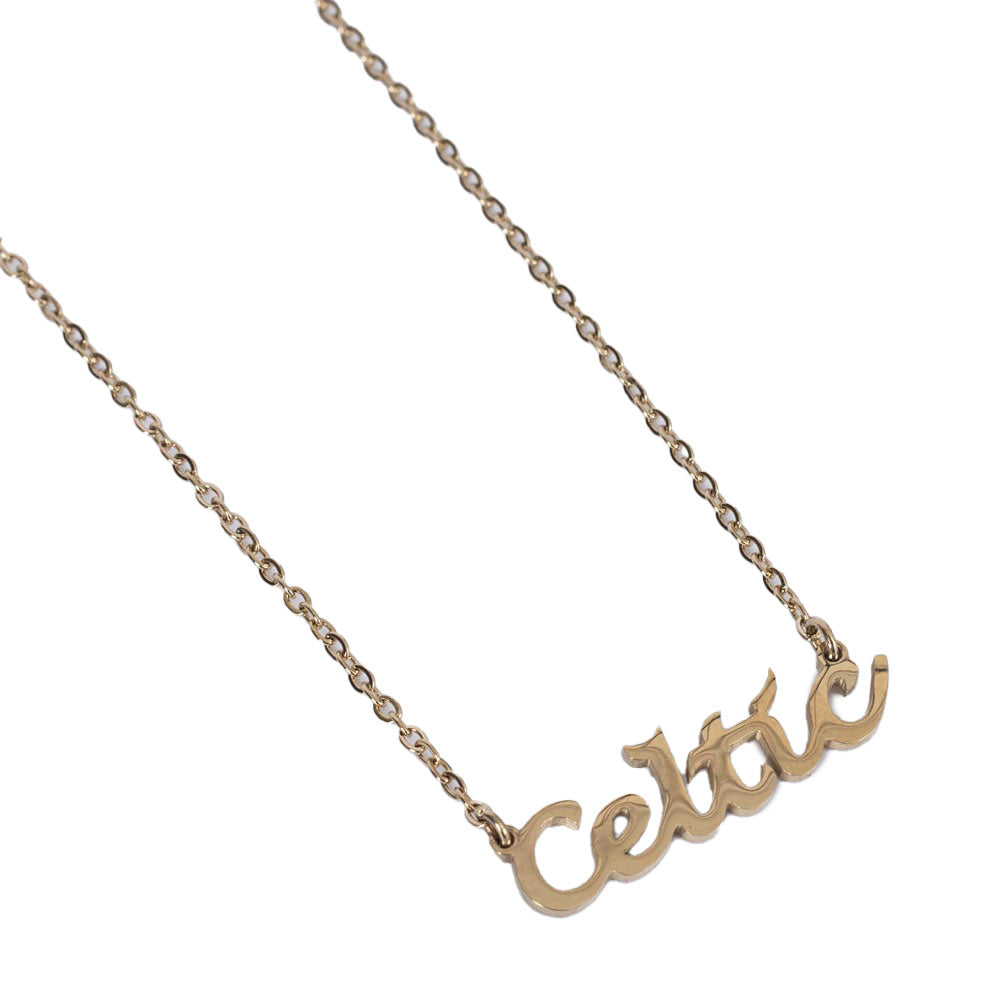 Gold plated Celtic text necklace