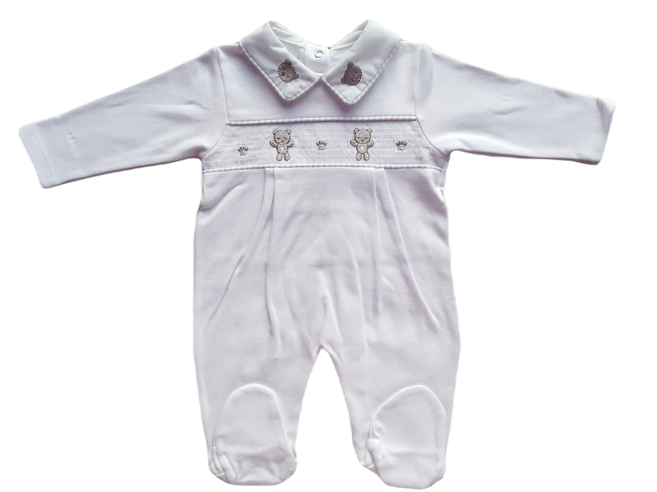 White smocked babygrow with bear face details and a snap closure.