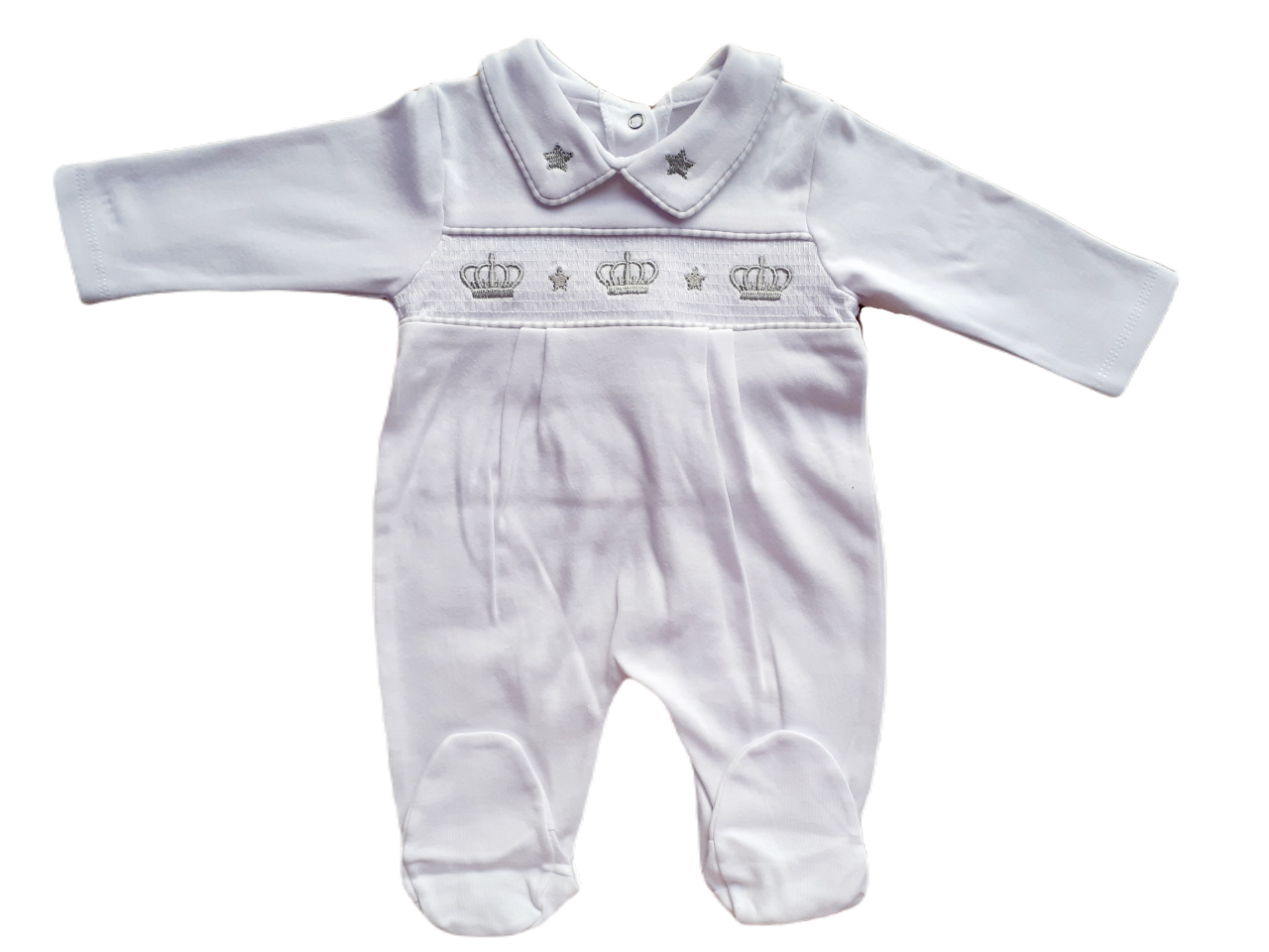White smocked babygrow with a crown and stars motif on the front, featuring a snap closure.