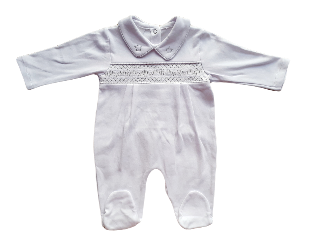 White collared Babygrow with star smocked design