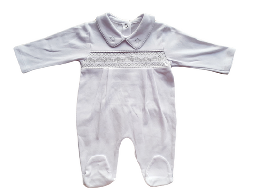 White collared Babygrow with star smocked design