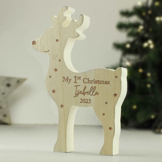 1st Christmas personalised wooden reindeer decoration