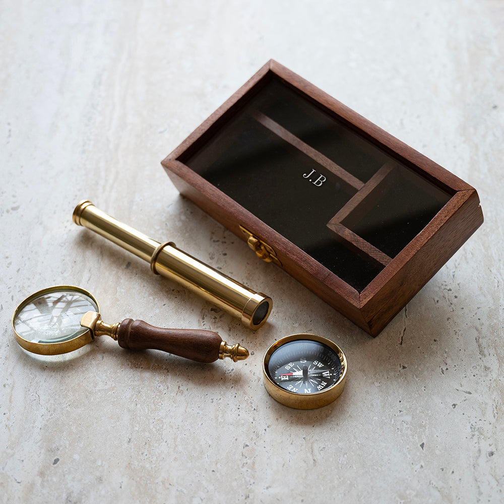 Personalised Brass Compass, Telescope and Magnifying Glass Gift Set