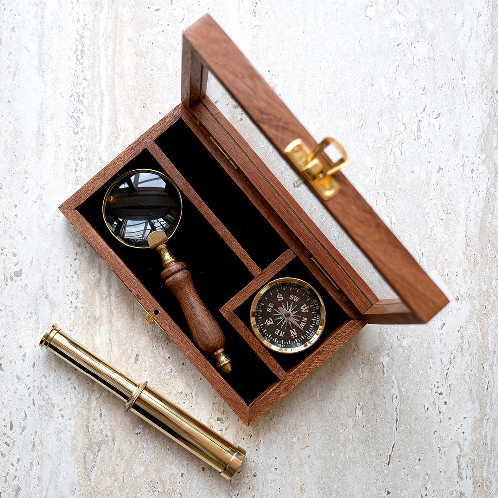 Personalised Brass Compass, Telescope and Magnifying Glass Gift Set