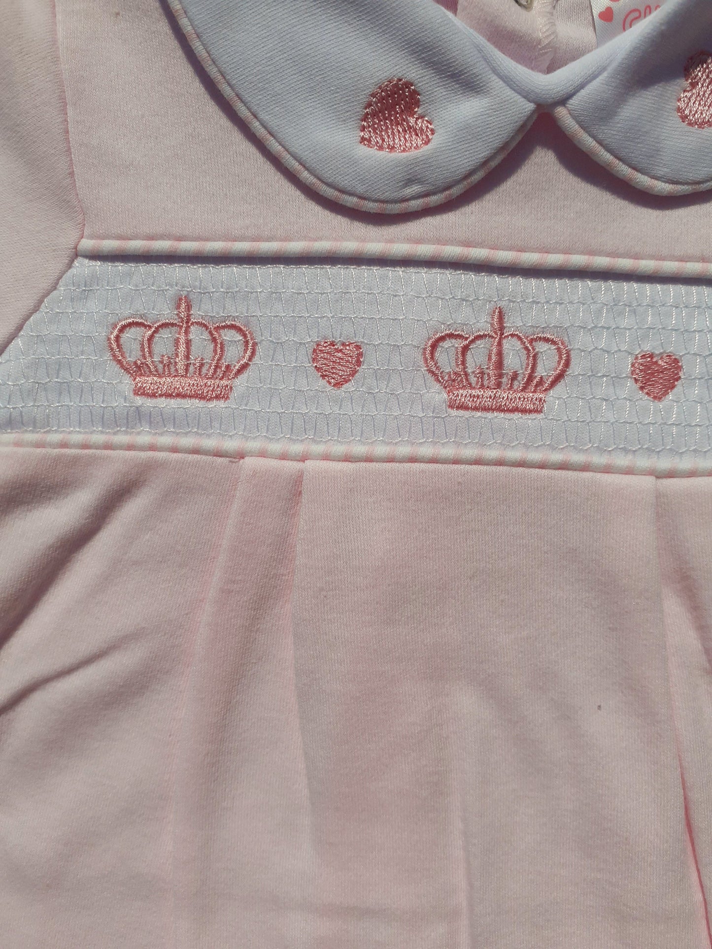 Pink Crown & Hearts Smocked Babygrow