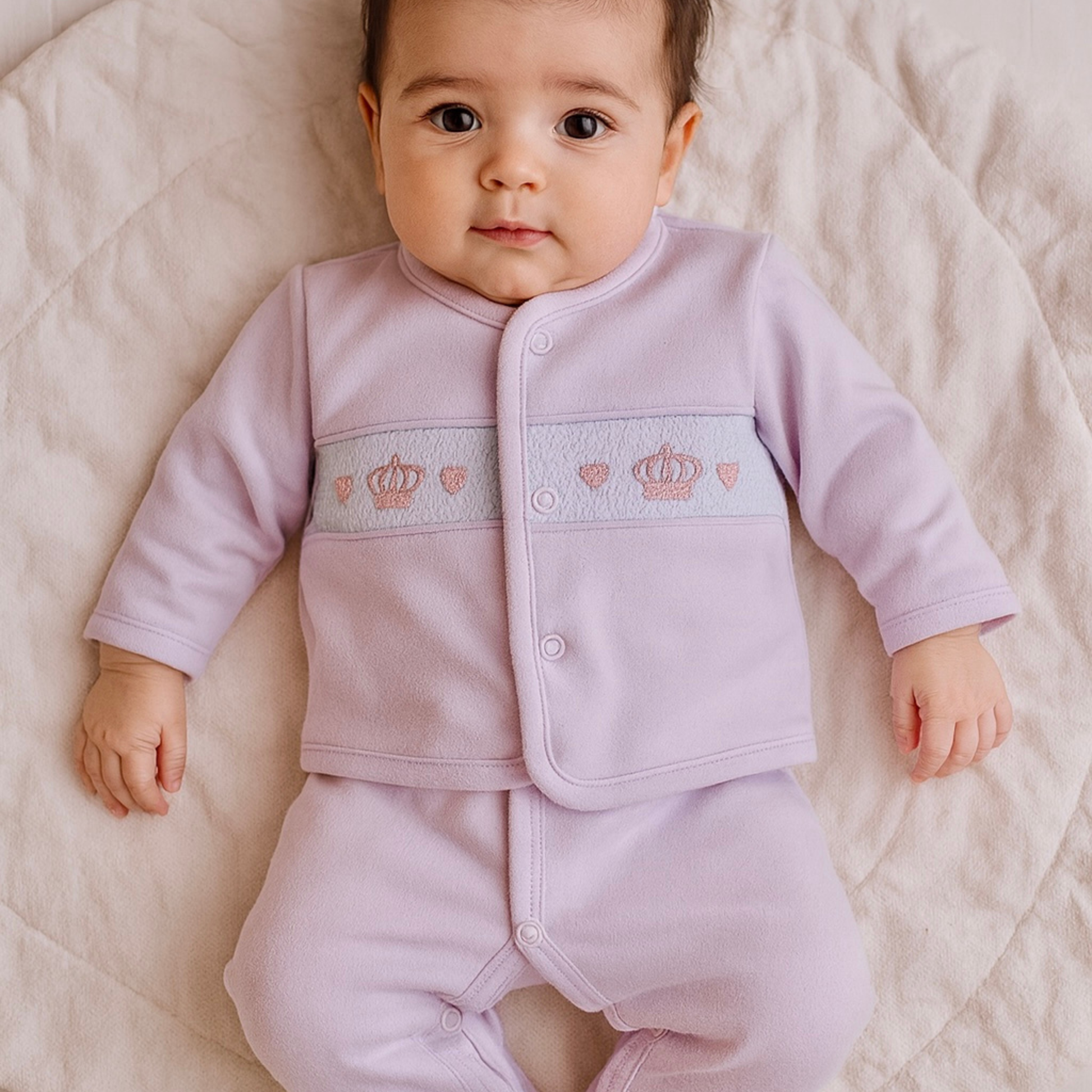 Baby wearing a pink outfit with decorative elements on a soft surface