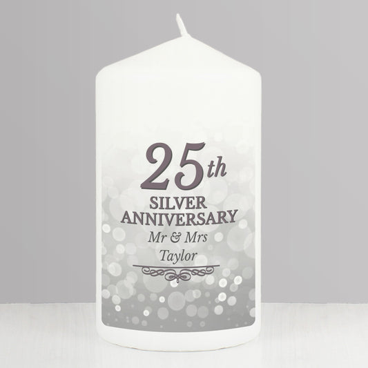 White Pillar candle 25th Silver Anniversary design personalised with names and text in silver By Sweetlea Gifts