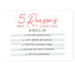 white greeting card red text 5 reasons why i love you then black text personalised with a name and 5 reasons By Sweetlea Gifts