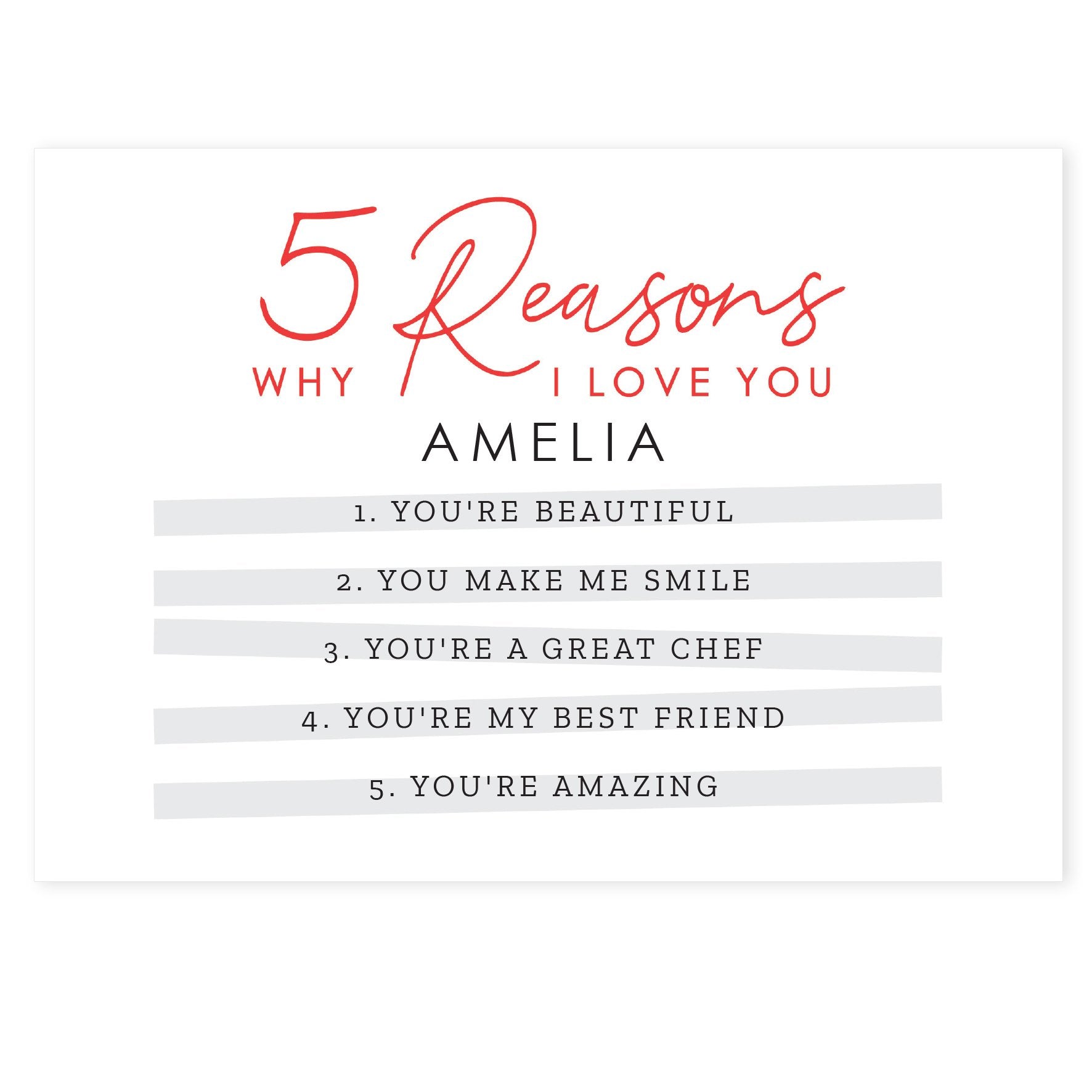 white greeting card red text 5 reasons why i love you then black text personalised with a name and 5 reasons By Sweetlea Gifts