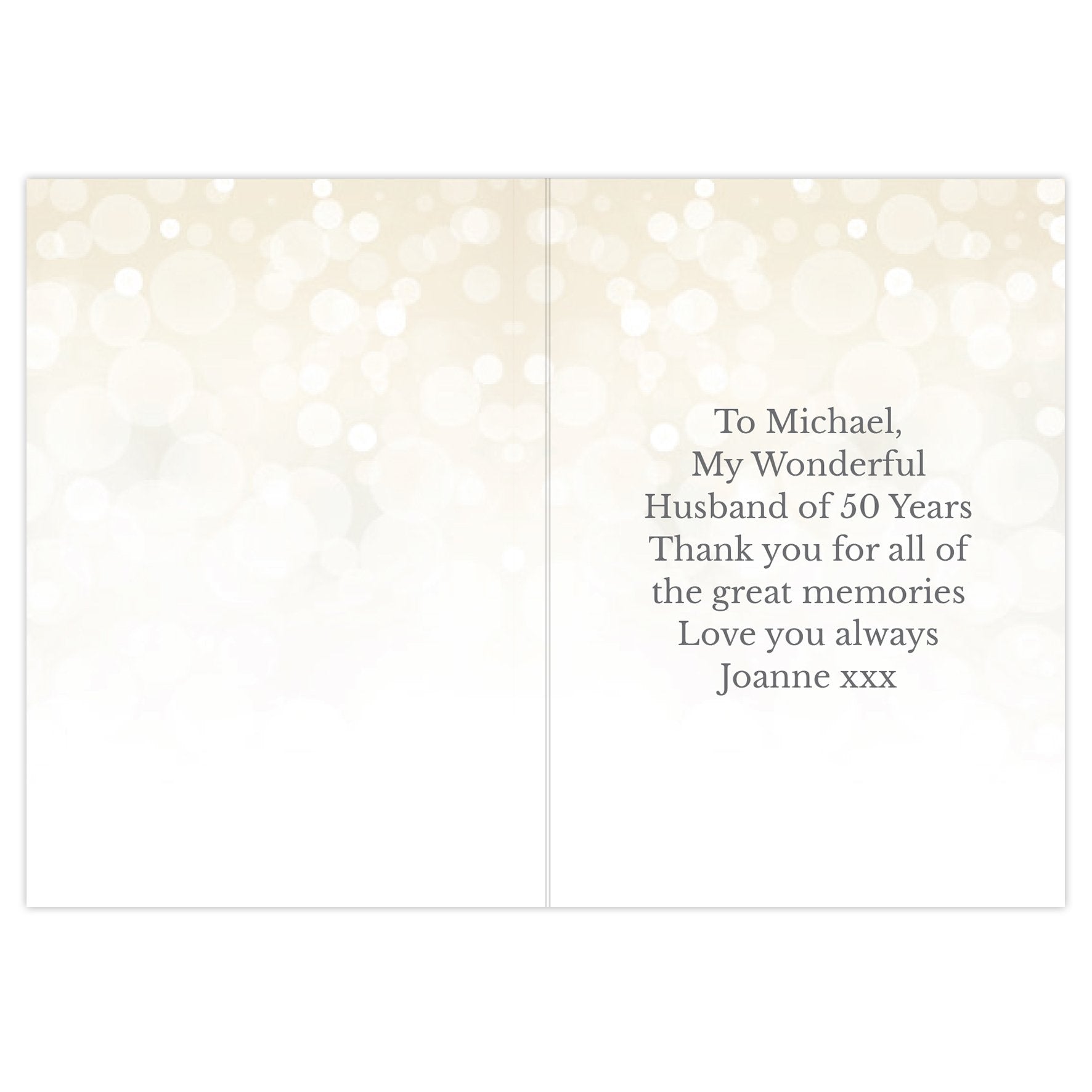 Inside of 50th Golden Anniversary card displaying a personalised message By Sweetlea Gifts