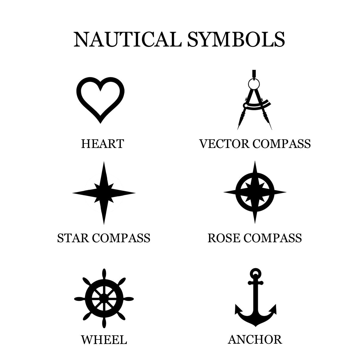 Nautical symbols that can be added to the personalised sundial compass By Sweetlea Gifts