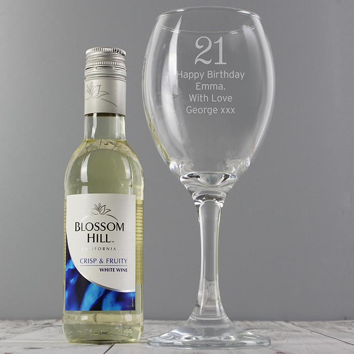 Miniature bottle of blossom hill white wine and personalised engraved wine glass gift set By Sweetlea Gifts