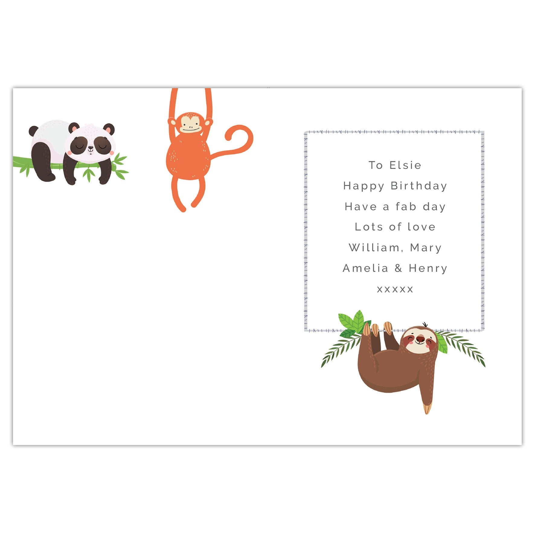 Inside of animal theme Children's Birthday card displaying Personalised message By Sweetlea Gifts