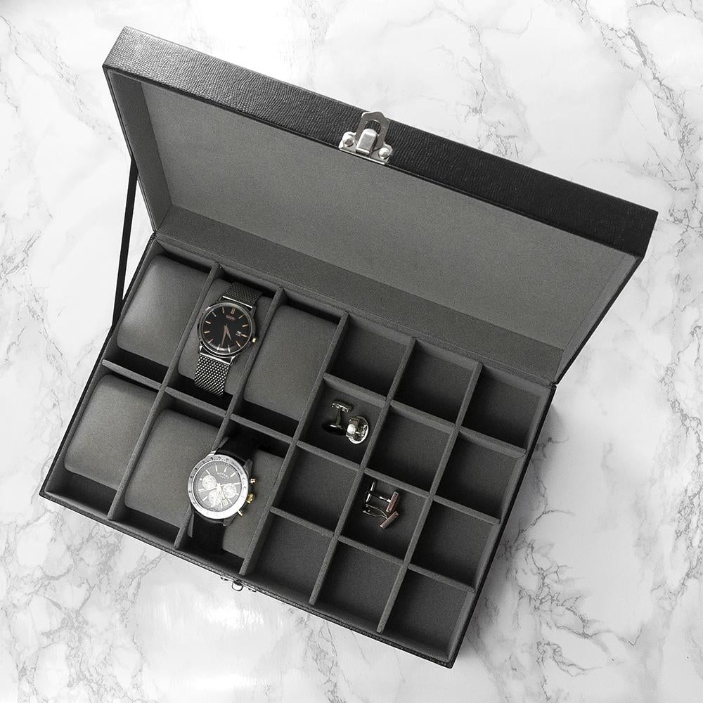 Black Leather effect Personalised Watch & Cufflinks Box-Personalised Gift By Sweetlea Gifts
