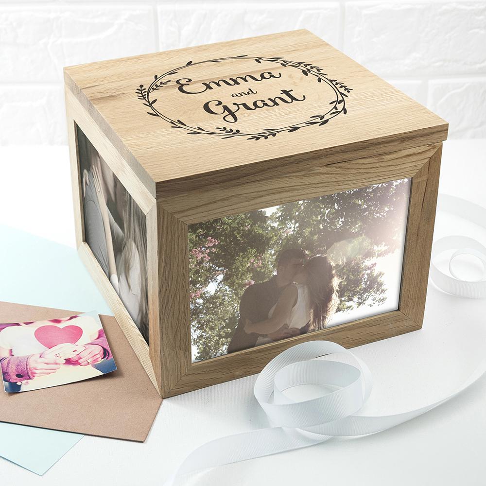 Couple's Oak Photo Keepsake Box With Wreath Design-Personalised Gift By Sweetlea Gifts