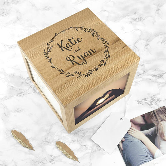 Couple's Oak Photo Keepsake Box With Wreath Design-Personalised Gift By Sweetlea Gifts