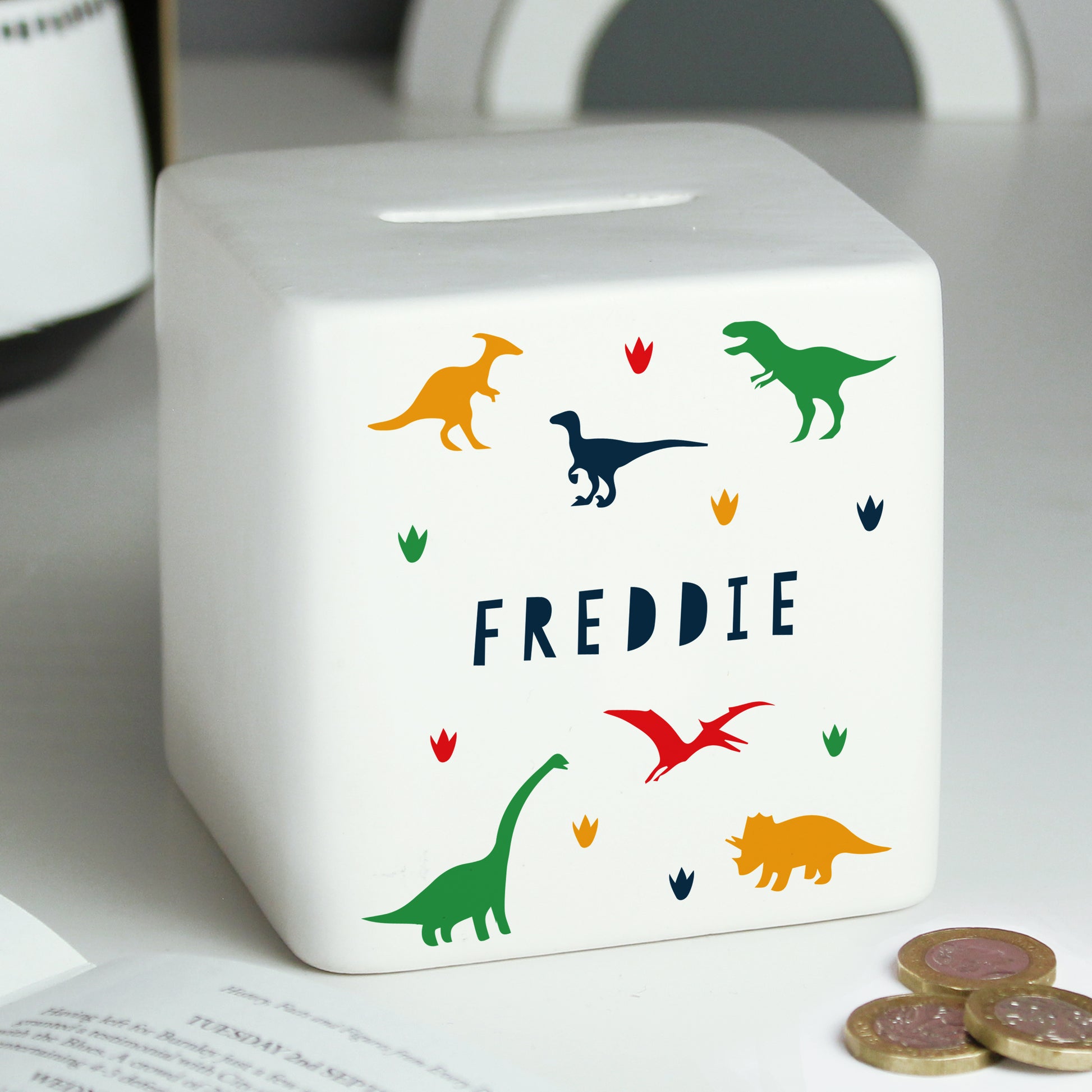Personalised dinosaur ceramic money box - Children's dinosaur gifts by Sweetlea Gifts