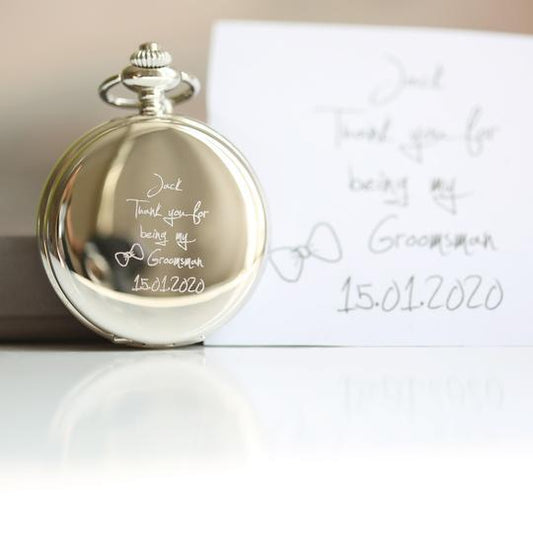 Dual opening Skeleton pocket watch - Own handwriting engraved-Personalised Gift By Sweetlea Gifts