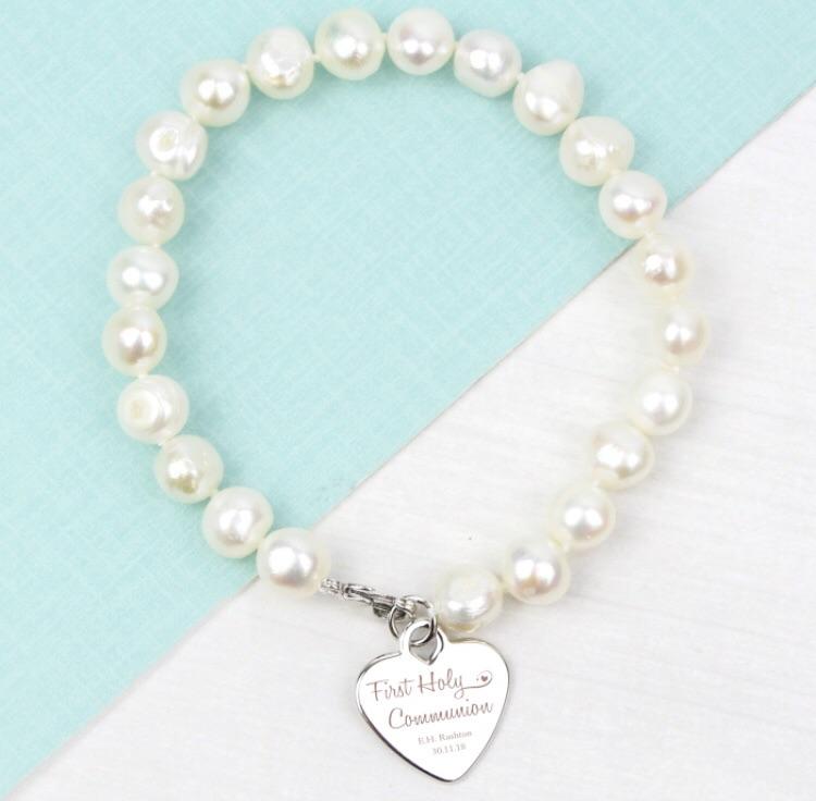 First Holy Communion Personalised White Freshwater Pearl Bracelet-Personalised Gift By Sweetlea Gifts