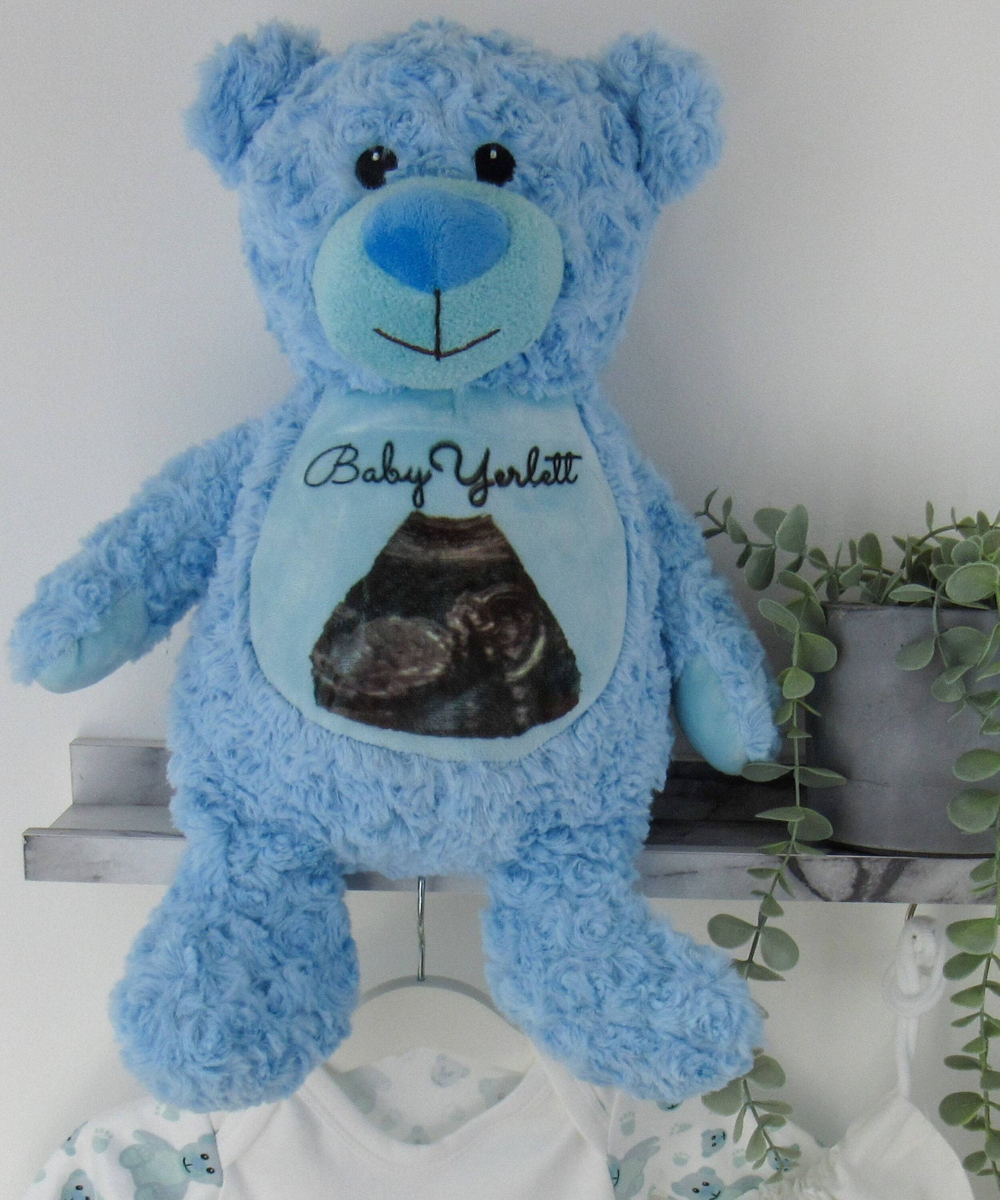 Blue teddy bear printed in black text with Baby name and a baby ultrasound scan image. By Sweetlea Gifts
