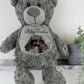 Large grey teddy bear printed with Baby name and ultrasound baby scan image By Sweetlea Gifts
