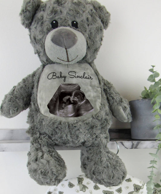 Large grey teddy bear printed with Baby name and ultrasound baby scan image By Sweetlea Gifts