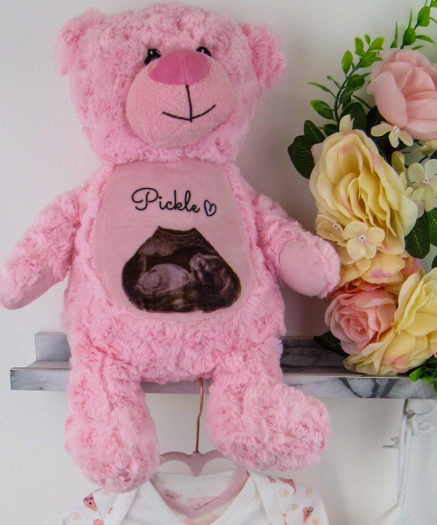 Large pink soft teddy bear printed with name and ultrasound baby scan image on tummy By Sweetlea Gifts