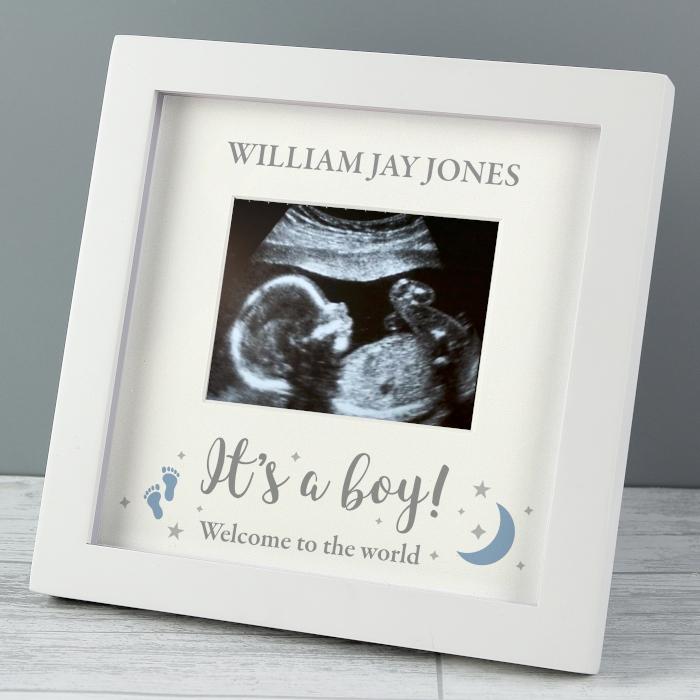 White Personalised It's a Boy box frame to display baby scan photo By Sweetlea Gifts